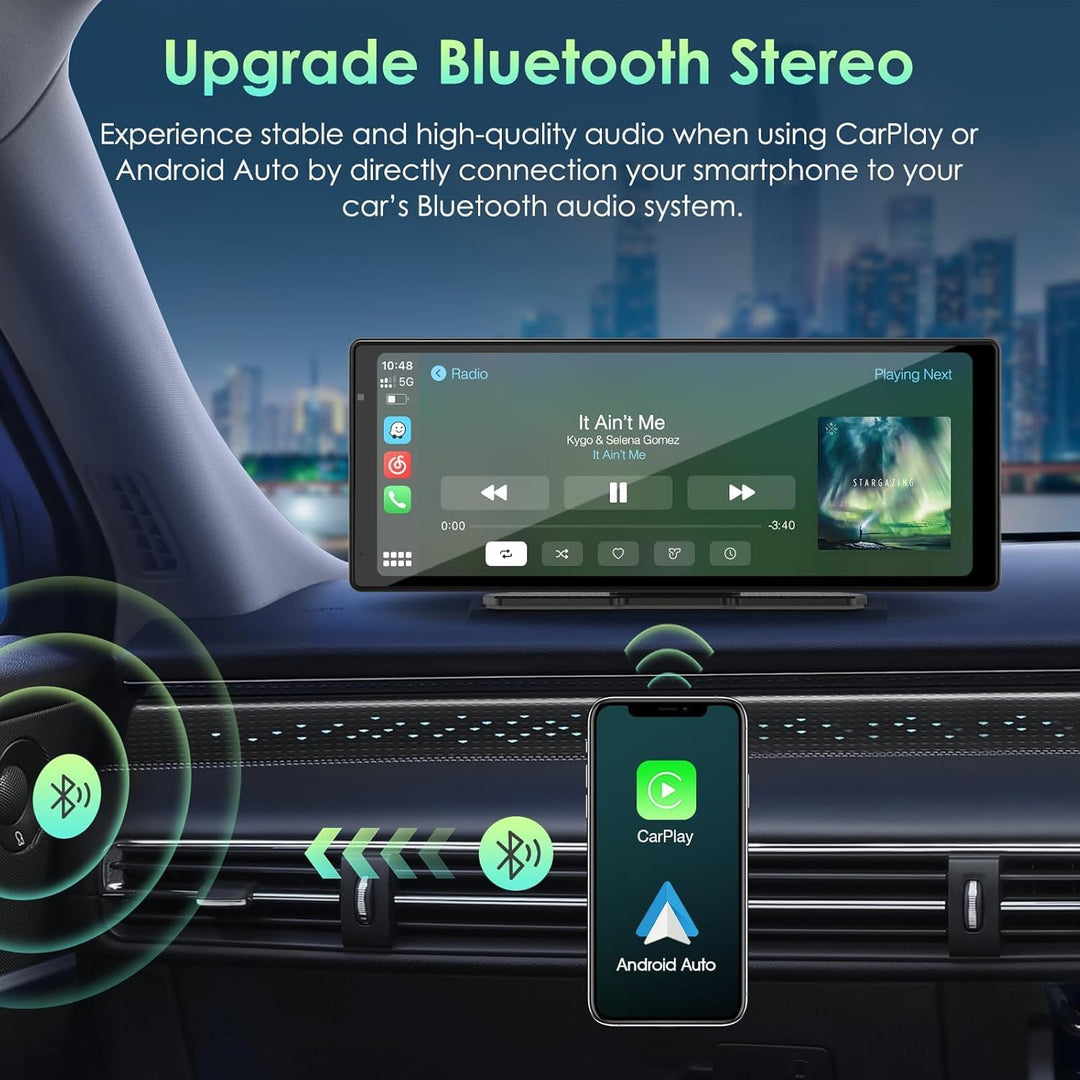 The MobileTechnica 9.26-inch Wireless CarPlay Screen shows music and Bluetooth, CarPlay, and Android Auto icons on its touchscreen, while a smartphone displays easy wireless app connection to your car’s audio using this portable stereo for all vehicles.