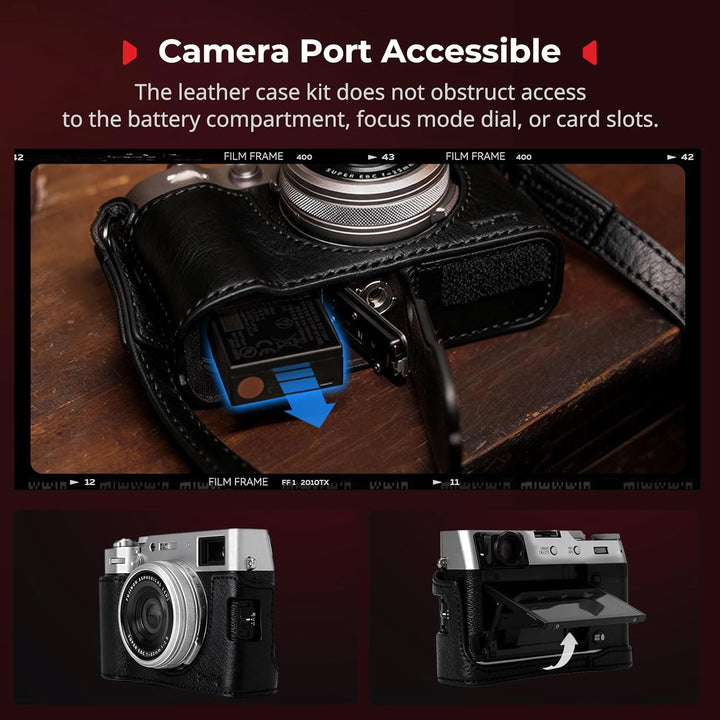 The MobileTechnica SMALLRIG Leather Case Kit for FUJIFILM X100VI (Black, 5622) securely fits your camera, giving access to the battery compartment and side ports while keeping focus mode dial and card slots unobstructed.