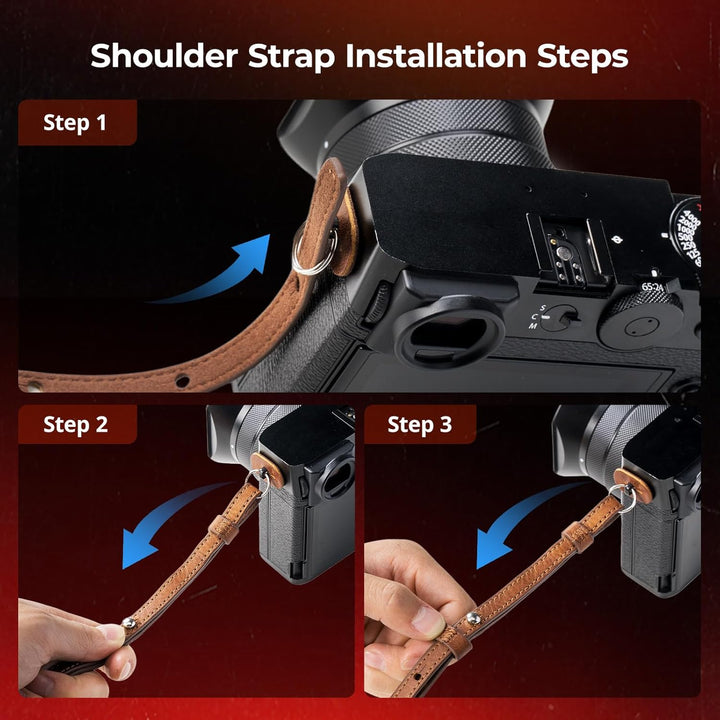 Follow this three-step guide to attach the SmallRig GFX100RF Leather Case Kit's shoulder strap: insert through the loop, thread into the metal buckle, and secure for comfort and vintage protection for your FUJIFILM GFX100RF.