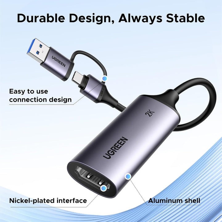 UGREEN 2K@30Hz Video Capture Card HDMI to USB 3.0 and USB C, Full HD 4K 30Hz Input with Low Latency for Capture Video and Audio Recording Compatible with Switch/Xbox/PS5/ TV Stick/PC/Camera