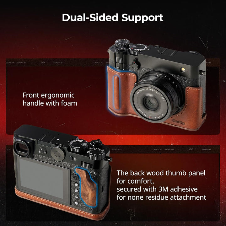 The image shows the SmallRig GFX100RF Leather Case Kit (Brown), featuring a leather case, black thumb pad, shoulder strap, and concave shutter button cap for FUJIFILM GFX100RF—offering comfort and protection with a stylish vintage look.