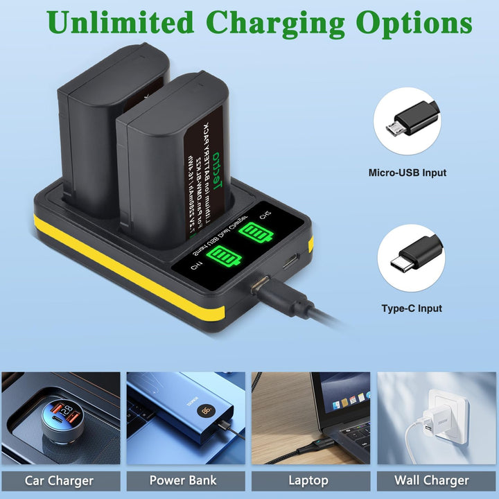 The MobileTechnica DMW-BLK22 Battery Panasonic S5ii kit includes a dual charger with two replacement batteries. It features a digital display and micro-USB/Type-C ports for charging via car charger, power bank, laptop, or wall charger.