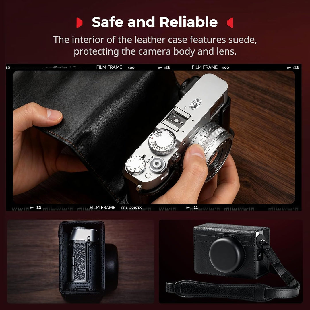 A hand places a silver camera into the SMALLRIG Leather Case Kit for FUJIFILM X100VI by MobileTechnica; close-ups show the black leather, suede details, and secure fit—ideal protection and style for your X100VI holster needs.