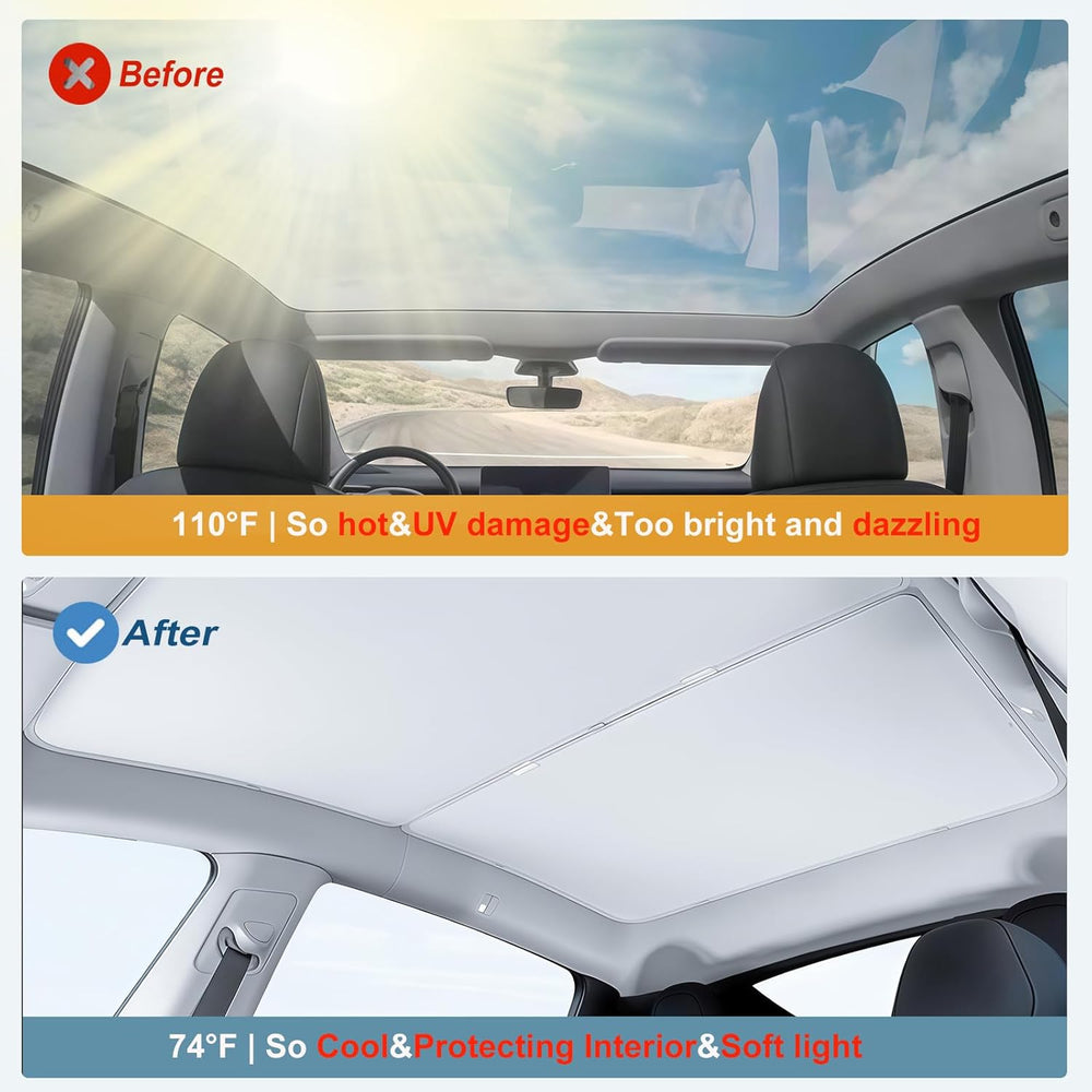 A split image compares a car interior before and after installing the MobileTechnica Tesla Model Y Sunshade Roof Cover 2025-2026, showing harsh sunlight above and cooler, softer light below with the black 2PCS sun shade for panoramic sunroof.