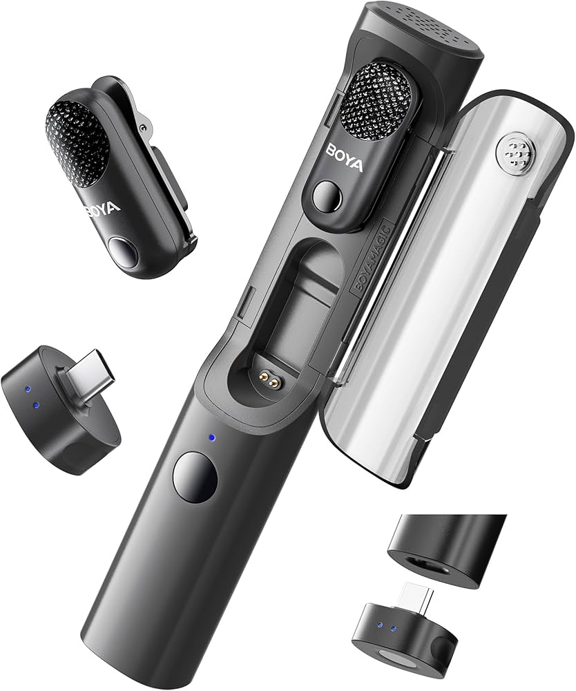 The Boya Wireless Lavalier Microphone-05 kit features two detachable USB-C mics with noise reduction, indicator lights, and a sleek black charging case. Its compact design includes portable accessories for versatile audio recording.