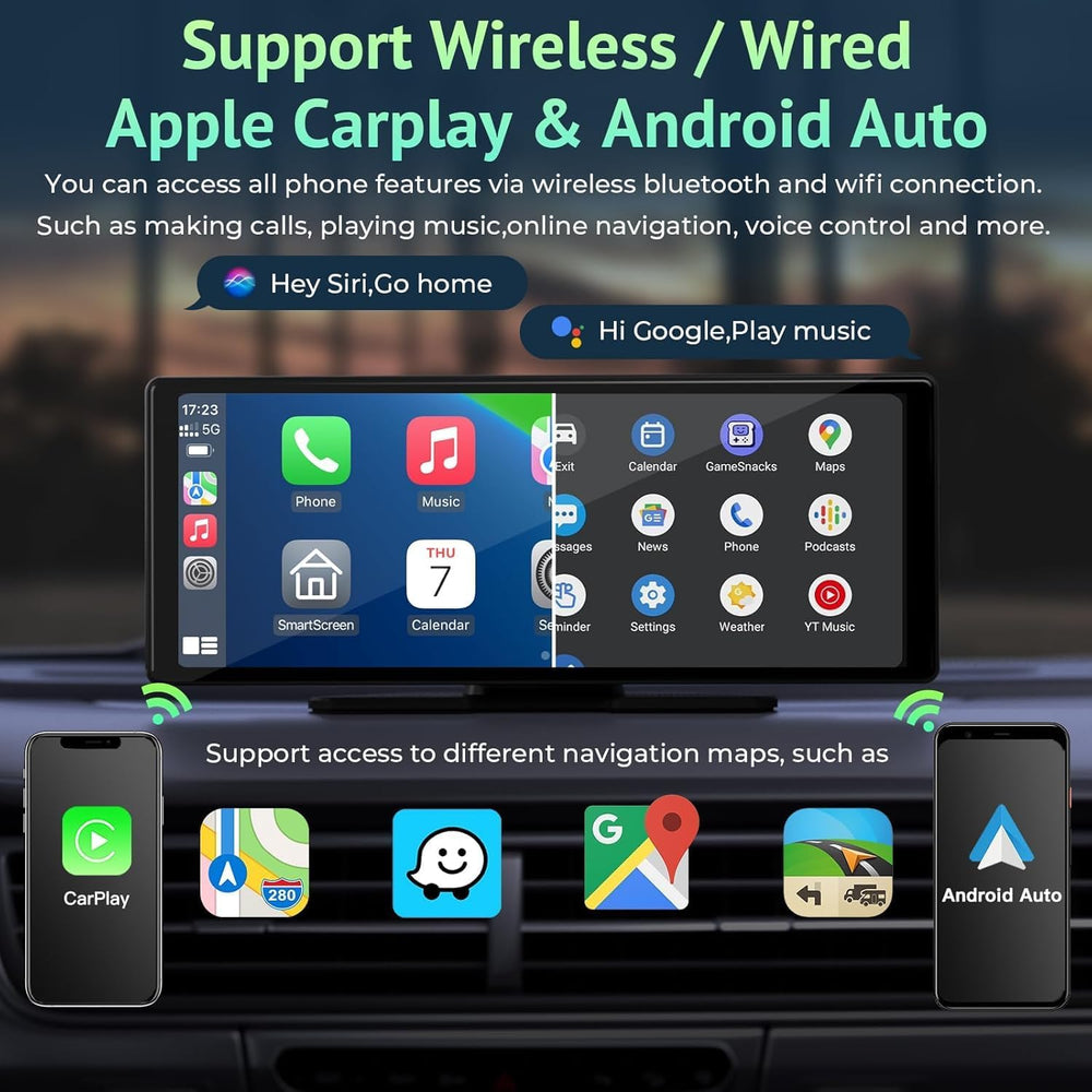 The MobileTechnica 9.26-inch Wireless CarPlay Screen supports Apple CarPlay & Android Auto (wireless/wired), offers voice control, GPS navigation, Bluetooth, mirror link, and access to Google Maps, Apple Maps, Waze for seamless driving.