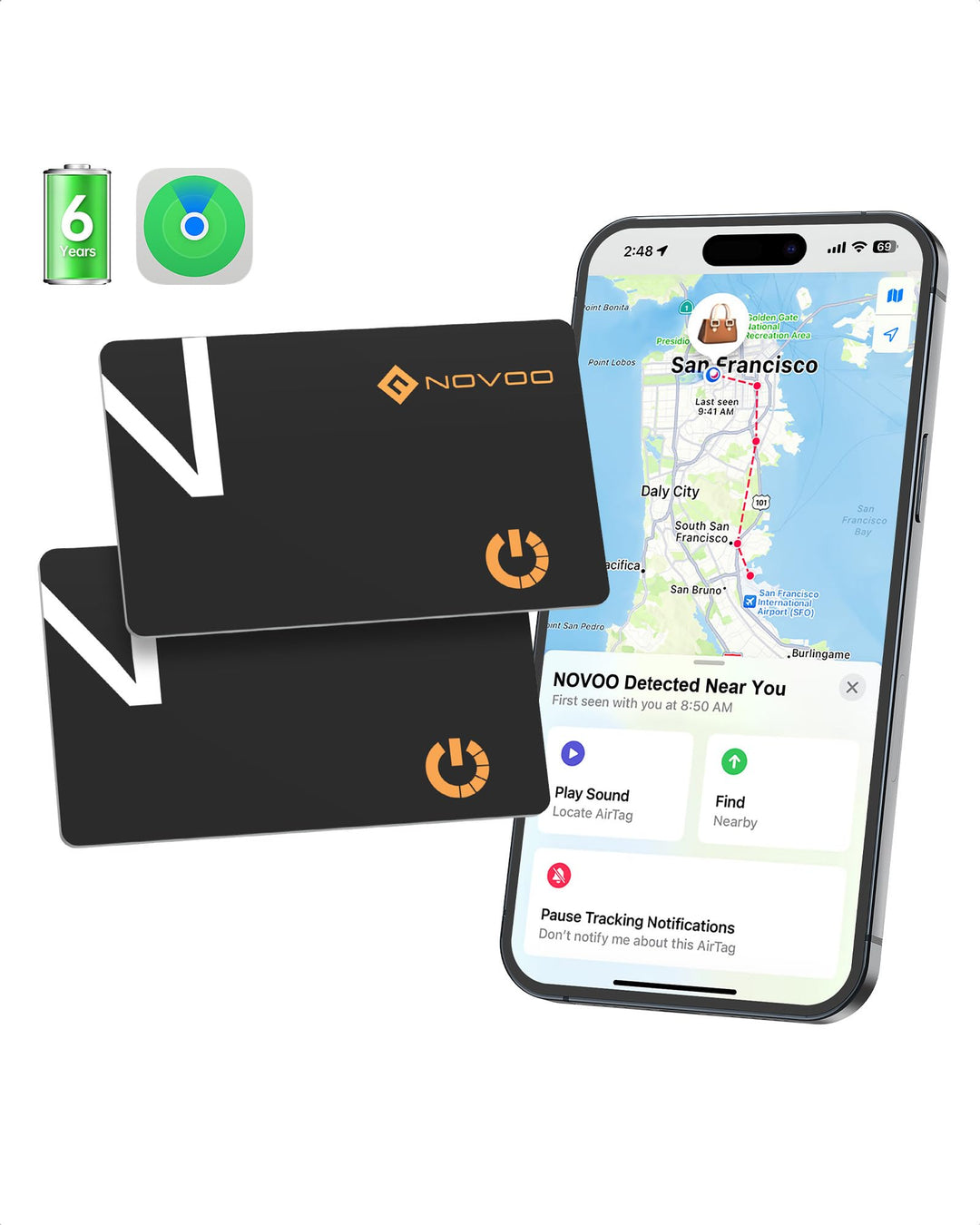 NOVOO Ultra-Slim Smart Card Bluetooth Tracker, 1.6mm Thin with 6-Year Battery, IP68 Waterproof GPS Item Finder, Apple Find My Compatible (iOS Only) Air Locator Tag for Wallet, Keys, Luggage, Passport
