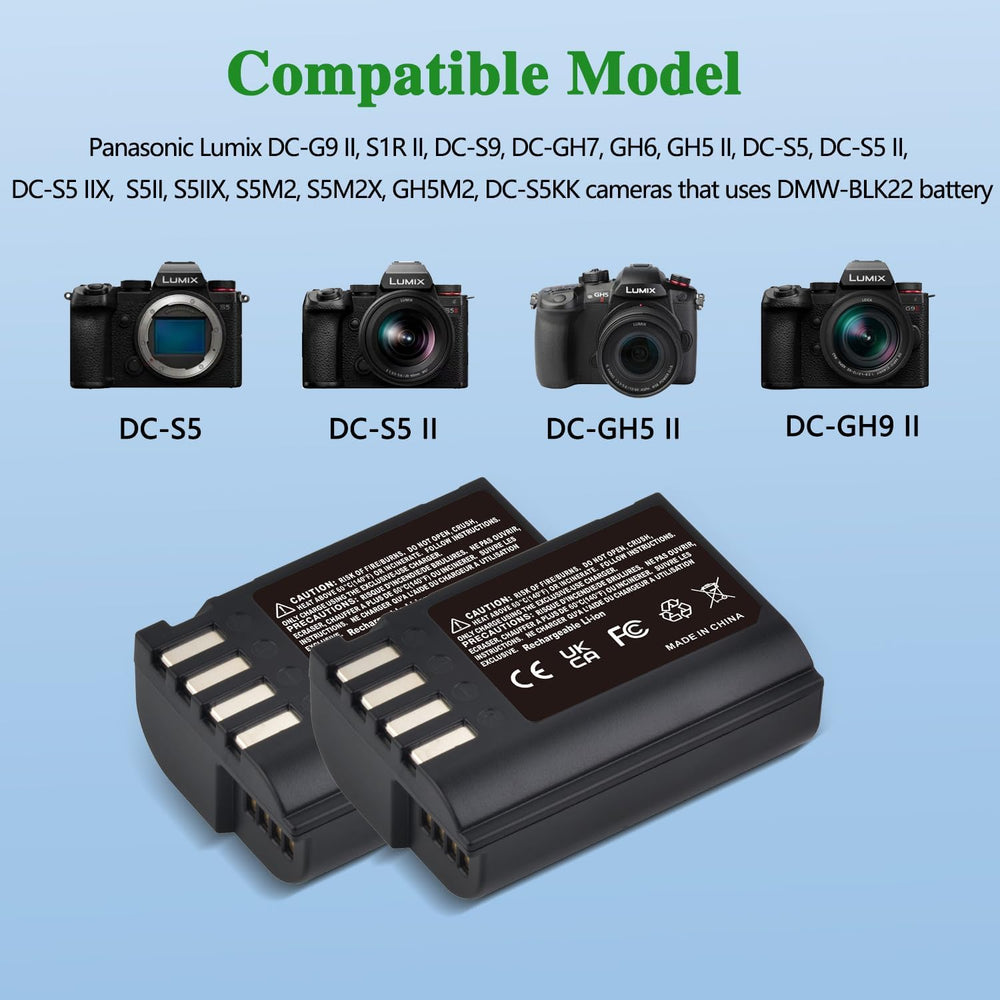 Image shows two black MobileTechnica DMW-BLK22 Battery Panasonic S5ii units—ideal replacements for Lumix cameras. Above is a compatible model list: DC-S5, DC-S5 II, DC-S5 IIX, and DC-GH9 II. Background features light blue and green.
