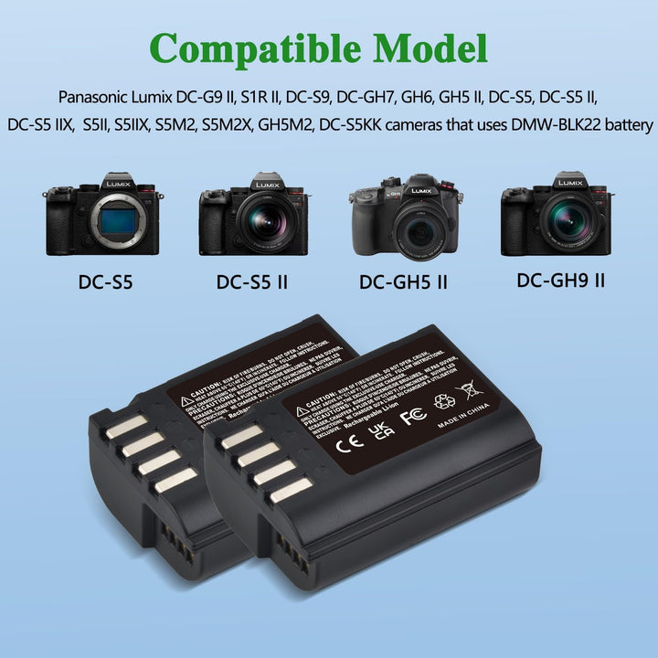 Image shows two black MobileTechnica DMW-BLK22 Battery Panasonic S5ii units—ideal replacements for Lumix cameras. Above is a compatible model list: DC-S5, DC-S5 II, DC-S5 IIX, and DC-GH9 II. Background features light blue and green.