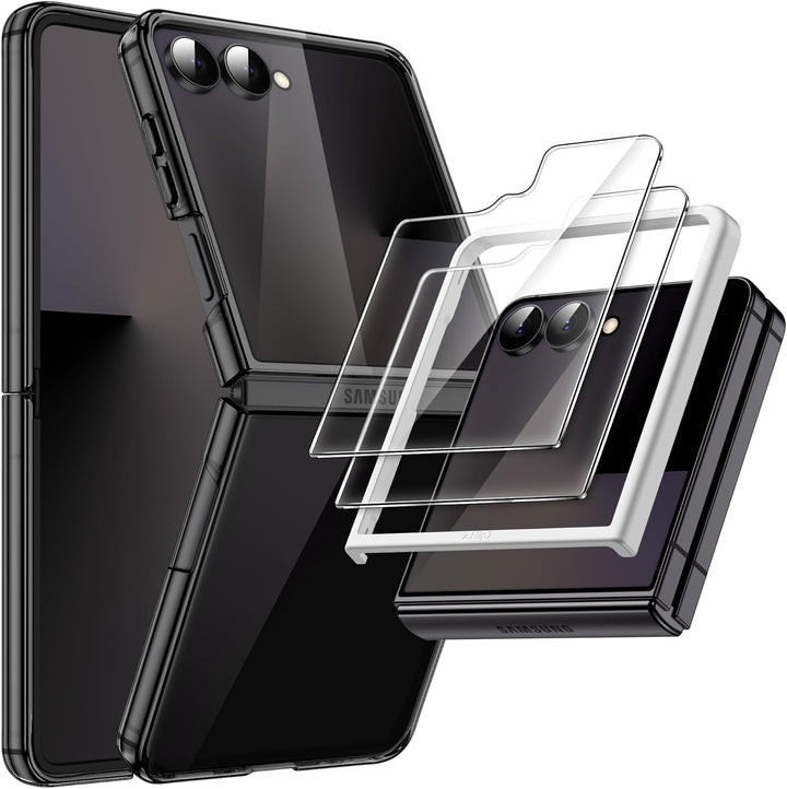 Samsung Galaxy Z Flip 7 Case with 2-Pack Tempered Glass Front Screen Protector, Crystal Clear, Anti-Scratch Transparent Hard PC Shell, Protective Phone Cover (Black)