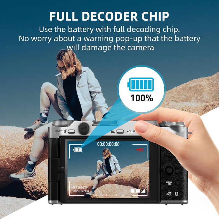 A hand holds a camera with an outdoor scene on display. A “100%” battery icon and overlay highlight the MobileTechnica Tectra NP-W235 USB-C Fast Charging Battery—2.5H full charge, fully compatible with Fujifilm X-T5/T4, X-H2S/H2, GFX100 II/50S II, VG-XT4, and X-S20.