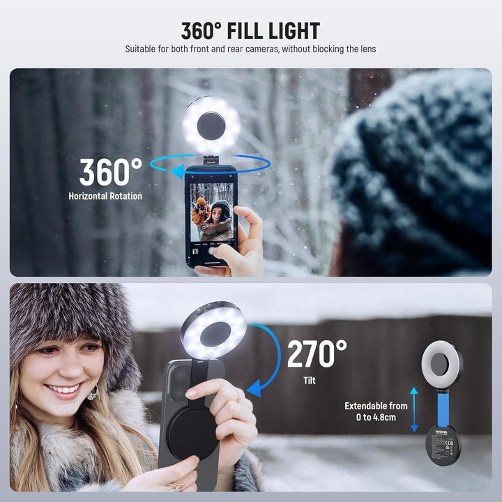 A woman in winter clothes uses the Neewer NL40R Magnetic Selfie Light, compatible with MagSafe iPhones. The mini LED ring light rotates 360°, tilts 270°, and its adjustable range is shown from 0 to 4.8cm with blue arrows.