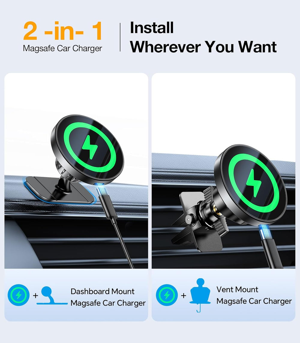 The MobileTechnica for MagSafe Car Mount Charger is shown on both a dashboard (left) and air vent (right), featuring a circular 360° rotating design, glowing green ring, strong magnets, and 15W fast charging for iPhone models.