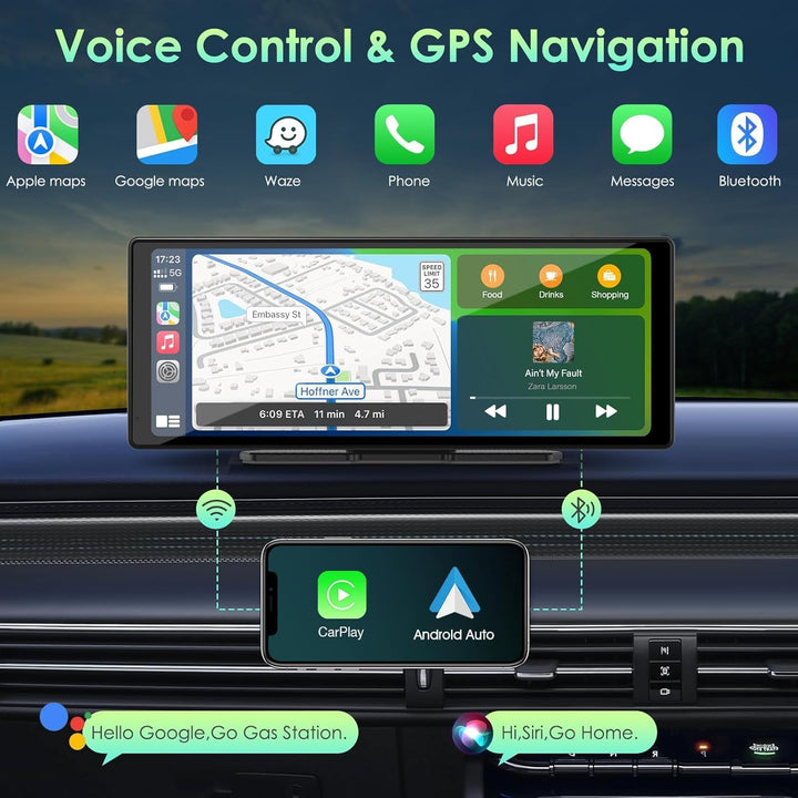The MobileTechnica 9.26-inch Wireless CarPlay Screen features a top display for GPS navigation, music, and app icons for food, drinks, shopping; the bottom display supports CarPlay and Android Auto with Bluetooth and voice assistant prompts for all vehicles.