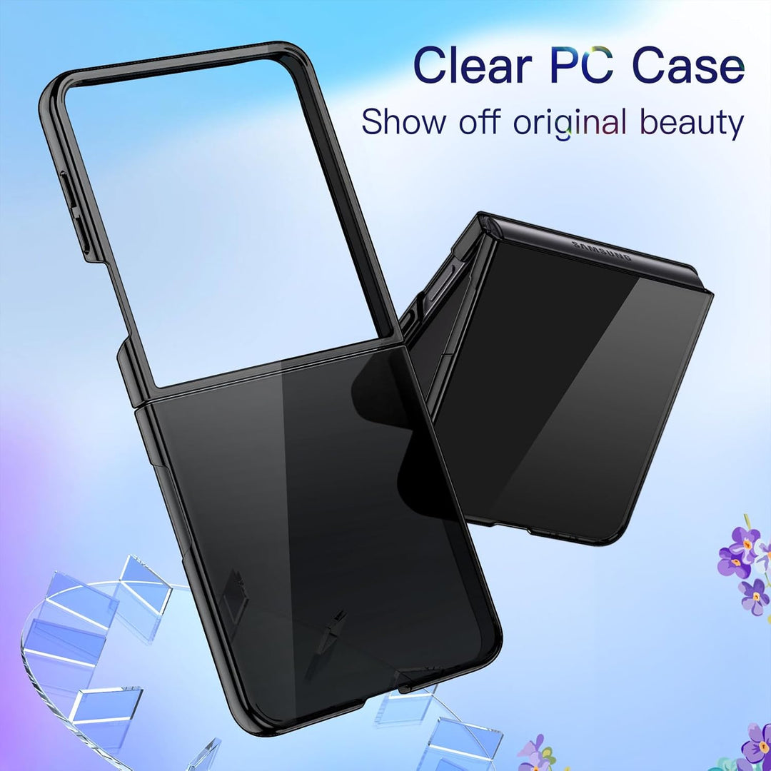 Samsung Galaxy Z Flip 7 Case with 2-Pack Tempered Glass Front Screen Protector, Crystal Clear, Anti-Scratch Transparent Hard PC Shell, Protective Phone Cover (Black)