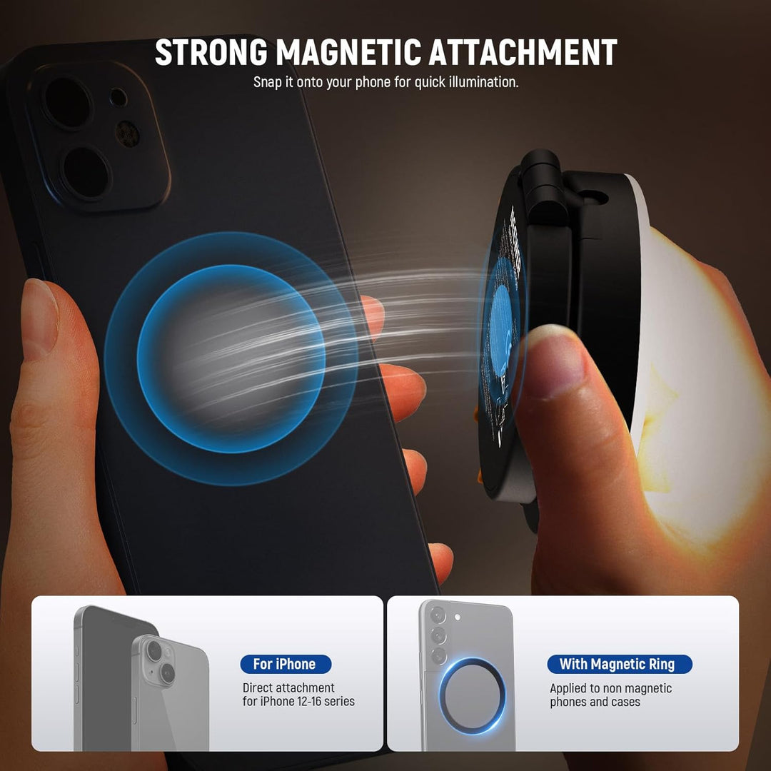 A person holds a phone and the NEEWER NL40R Magnetic Selfie Light, which attaches magnetically to MagSafe iPhones, offering four lighting modes and strong fill light for selfies, makeup, or video calls.