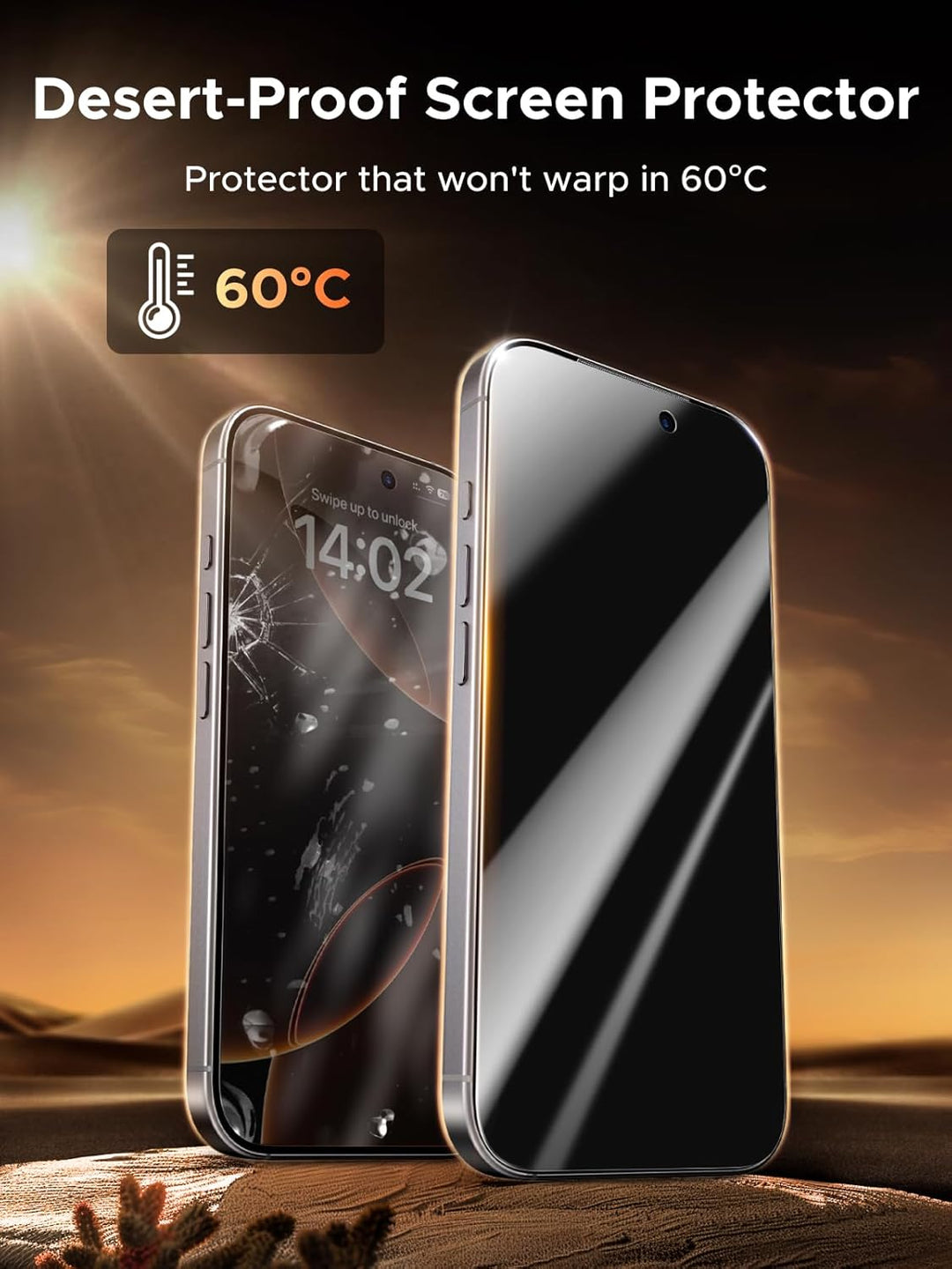 Two iPhones stand on desert sand; one with a cracked screen, the other safeguarded by UGREEN’s 2 Pack Privacy Screen Protector for iPhone 17 Pro Max. Text highlights its ultra resistance at 60°C, anti-scratch/fingerprint features, plus easy installation tool.