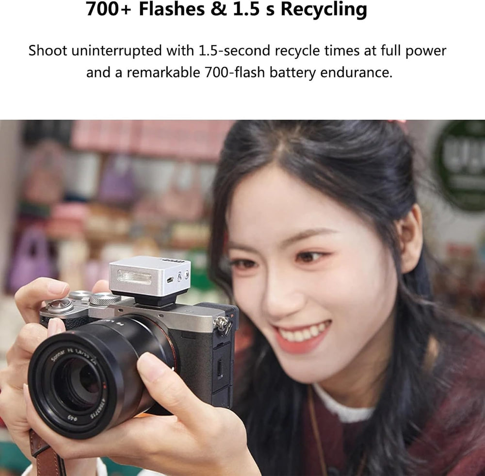 A smiling woman holds the MobileTechnica Godox Flash iT20 S IT20S TTL MINI Flash Light for Sony Camera—Black, aimed at the viewer. Soft blur in the background and text above feature "700+ Flashes & 1.5 s Recycling" for top performance.