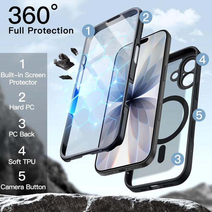 iPhone 17 Case with Built-in Tempered Glass Screen Protector and Camera Control Button, Compatible with MagSafe, 360 Degree Full Body Cover (Black)