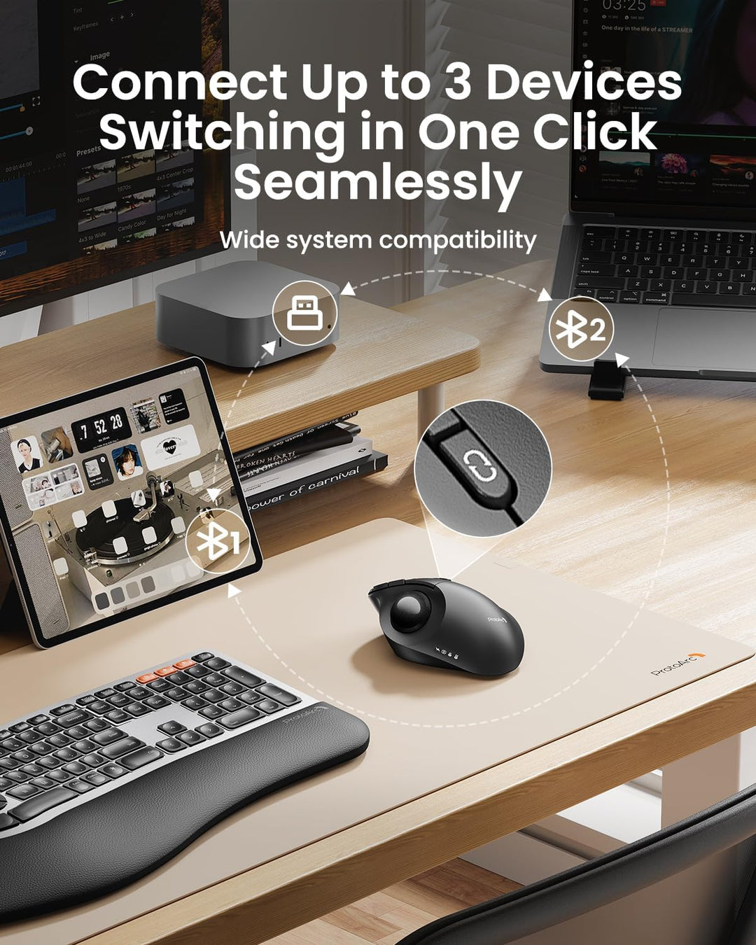 ProtoArc Wireless Trackball Mouse, EM02 Bluetooth Ergonomic Rechargeable Computer Ball Mouse, Adjustable Angle & 3 Device Connection, Thumb Control and Smooth Tracking for Laptop, PC, Mac-Gray