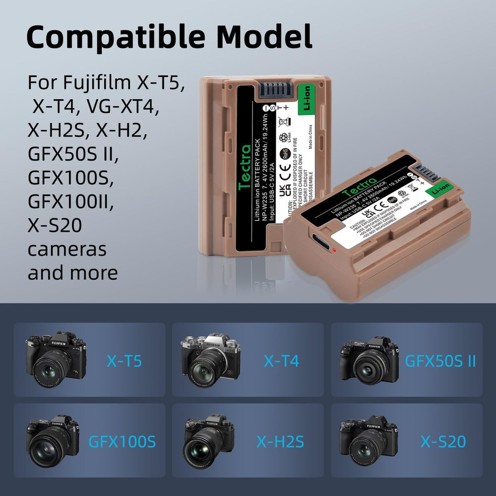 Two brown Tectra NP-W235 batteries by MobileTechnica sit on a white background—one upright, one flat. Text highlights USB-C fast charging for Fujifilm X-T5, X-T4, X-H2S, X-H2, GFX100 II, GFX50S II, VG-XT4, and X-S20 models.