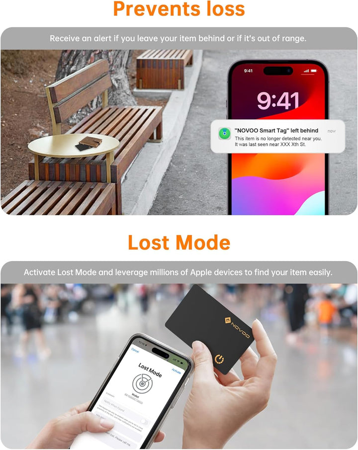 NOVOO Ultra-Slim Smart Card Bluetooth Tracker, 1.6mm Thin with 6-Year Battery, IP68 Waterproof GPS Item Finder, Apple Find My Compatible (iOS Only) Air Locator Tag for Wallet, Keys, Luggage, Passport