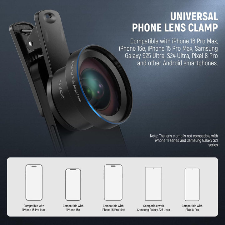 The Neewer Basics LS-67 2-in-1 Phone Camera Lens Kit, featuring a 0.45x wide angle and 15x macro lens with a 37mm clamp, is compatible with iPhone, Samsung, and Android smartphones; some models may not be supported.