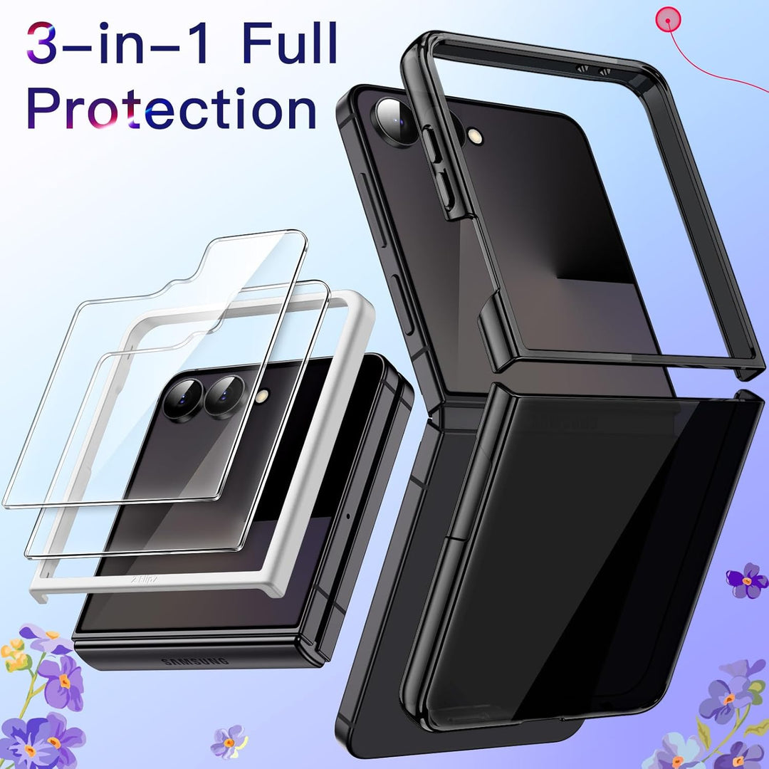 Samsung Galaxy Z Flip 7 Case with 2-Pack Tempered Glass Front Screen Protector, Crystal Clear, Anti-Scratch Transparent Hard PC Shell, Protective Phone Cover (Black)