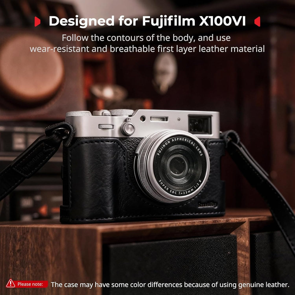 A MobileTechnica SMALLRIG Leather Case Kit for FUJIFILM X100VI (black, model 5622) sits on a wooden surface among vintage audio gear. This wear-resistant, breathable real leather case may show slight color variations.