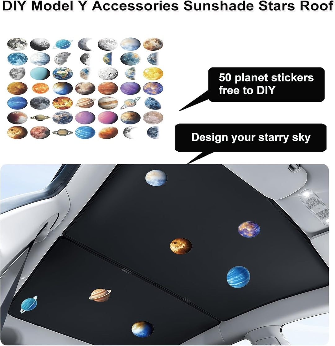 Above the MobileTechnica Tesla Model Y Sunshade Roof Cover (2025/2026, Black), 50 colorful planet stickers are arranged like a starry sky. Text: “50 planet stickers free to DIY” and “Design your starry sky.”.