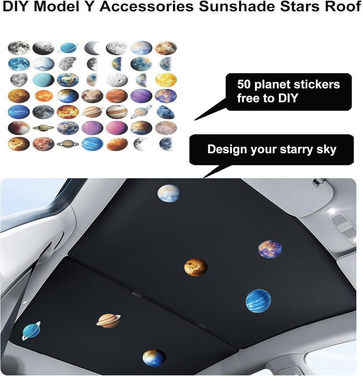 Above the MobileTechnica Tesla Model Y Sunshade Roof Cover (2025/2026, Black), 50 colorful planet stickers are arranged like a starry sky. Text: “50 planet stickers free to DIY” and “Design your starry sky.”.