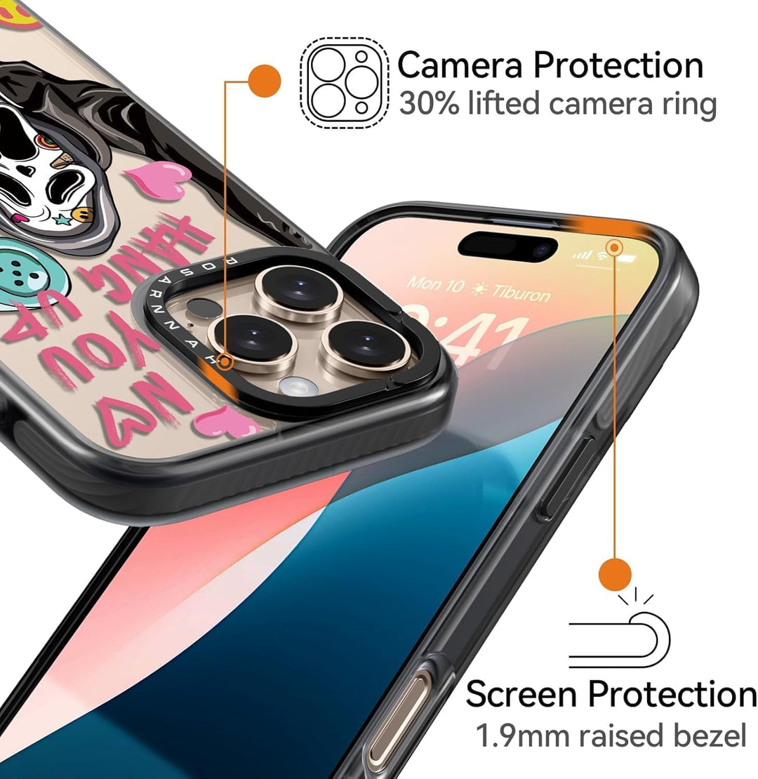 Cute Funny Skeleton Phone Cases for iPhone 16 Pro Max - Durable Shockproof 6.6 ft Drop Impact Case (Black Halloween Horror Design)