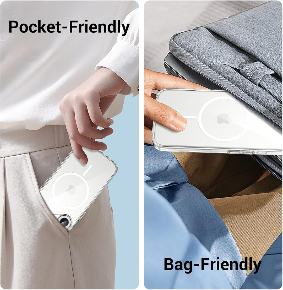 A side-by-side image shows a hand slipping the MobileTechnica iPhone 16 Clear Case Ultra Thin into a pocket labeled "Pocket-Friendly" and into a laptop bag labeled "Bag-Friendly," showcasing its ultra-thin portability and MagSafe compatibility.