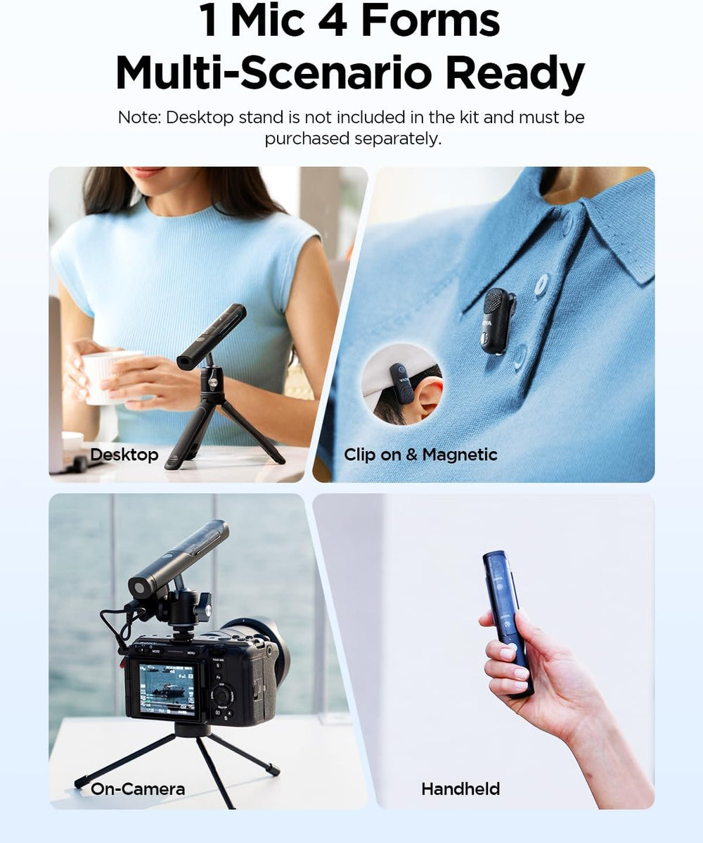 A collage displays four ways to use the Boya Wireless Lavalier Microphone-05: on a table (stand sold separately), clipped to a collar, mounted on a camera, or handheld. Text: "1 Mic 4 Forms Multi-Scenario Ready.