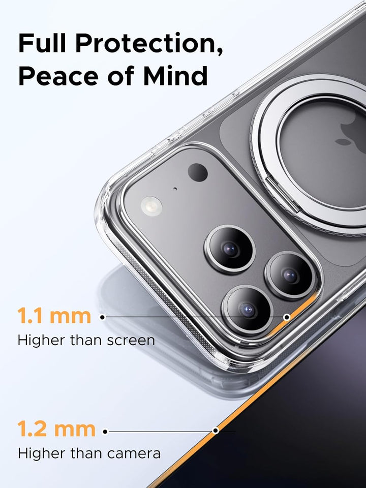 UGREEN 360° Rotatable Magnetic Ring Case for iPhone 17 Pro Max features MIL-Grade drop protection, anti-scratch iCrystal Tech, MagSafe compatibility, and raised edges—1.1 mm above the screen, 1.2 mm above the camera—for full peace of mind.