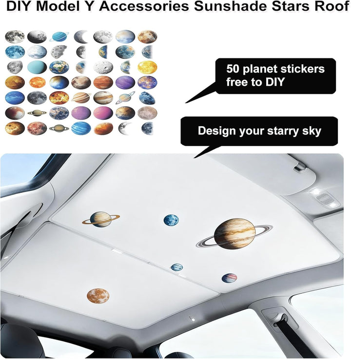 A black MobileTechnica Tesla Model Y Sunshade Roof Cover (2025-2026, 2PCS) for the panoramic sunroof is featured, with boxes showing planet sticker samples and text: “50 planet stickers free to DIY” and “Design your starry sky.”.