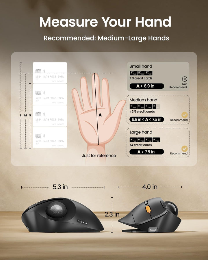 ProtoArc Wireless Trackball Mouse, EM02 Bluetooth Ergonomic Rechargeable Computer Ball Mouse, Adjustable Angle & 3 Device Connection, Thumb Control and Smooth Tracking for Laptop, PC, Mac-Gray