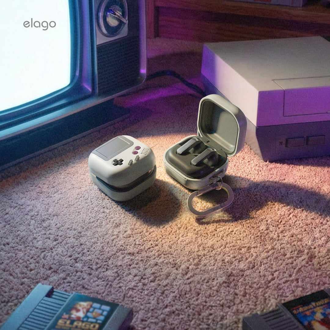 elago AW5 Case Compatible with Samsung Galaxy Buds 4 Pro & Galaxy Buds 4 Case, Classic Game Player Design Cover with Carabiner, Full Protection, Headphone Accessories, for Men, for Women (Light Grey)