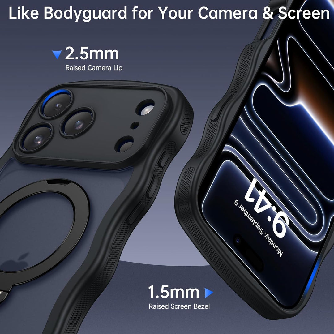 Telaso Case for iPhone 17 Pro Max, Compatible with Magsafe 360° Rotatable Ring Stand Wavy Frame Slim Translucent Matte Cover Magnetic Shockproof Skin-Friendly Phone Case for iPhone 17 Pro Max, Black