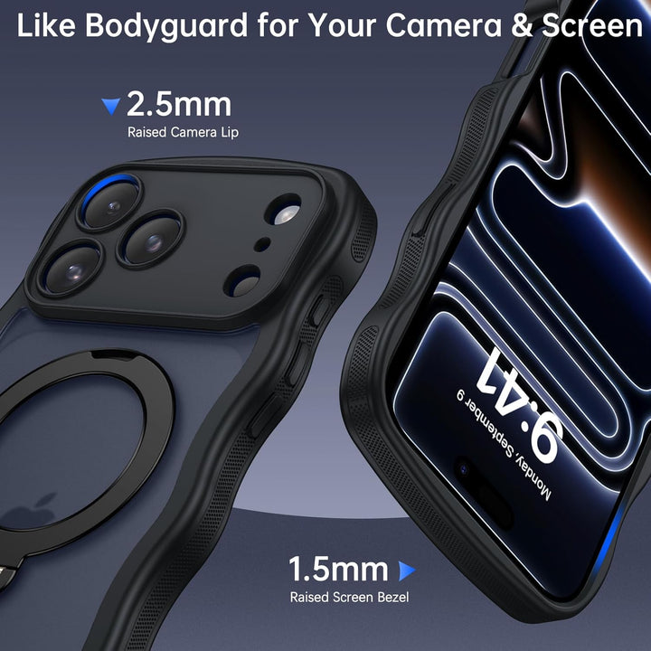 Telaso Case for iPhone 17 Pro Max, Compatible with Magsafe 360° Rotatable Ring Stand Wavy Frame Slim Translucent Matte Cover Magnetic Shockproof Skin-Friendly Phone Case for iPhone 17 Pro Max, Black