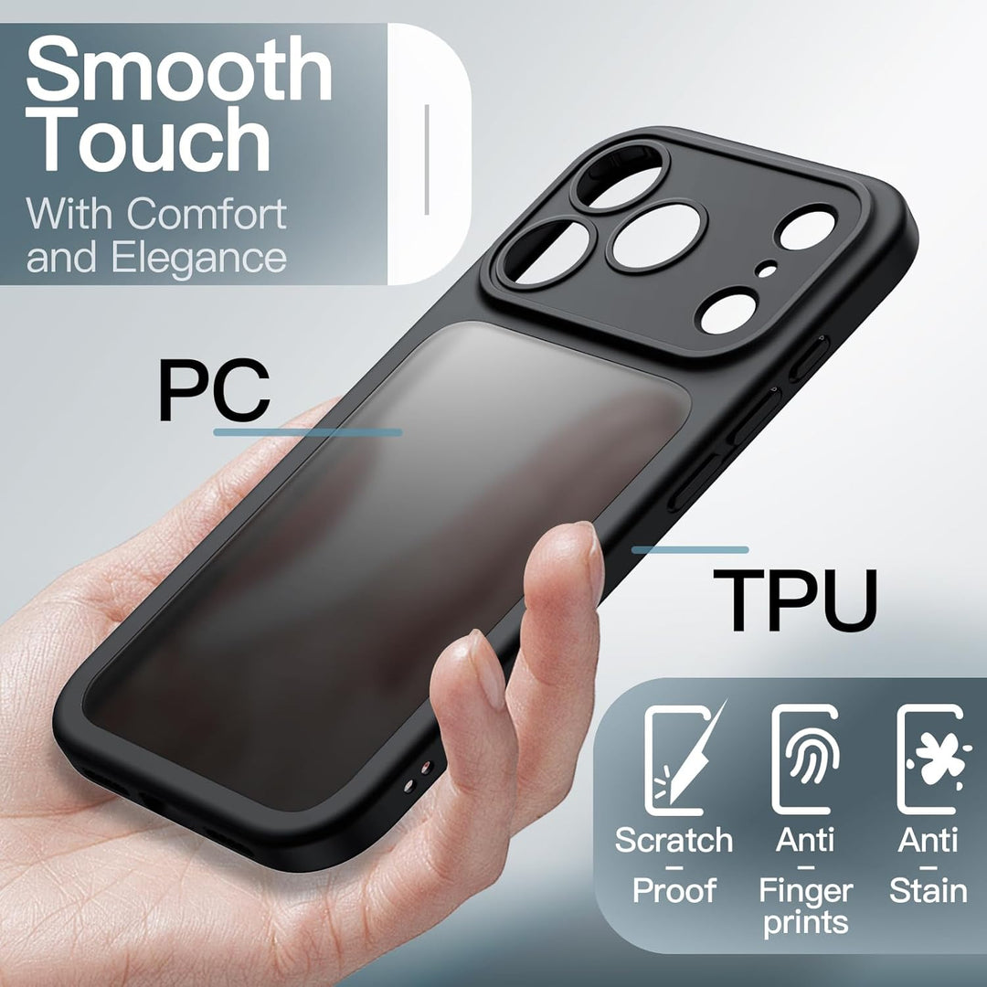 iPhone 17 Pro Case Matte, Shockproof Military Grade Drop Protection, Full Camera Lens Protection, Frosted Translucent Back Minimalist Phone Cover (Black)
