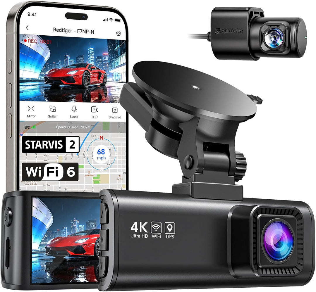 REDTIGER Dash Cam 4K Front and 1080P Rear, STARVIS 2 Sensor, 5GHz WiFi (20MB/s), GPS, WDR & HDR Night Vision, 170°Wide Angle, 24H Parking Mode, Loop Recording with Emergency Lock(SD Card Not Included)