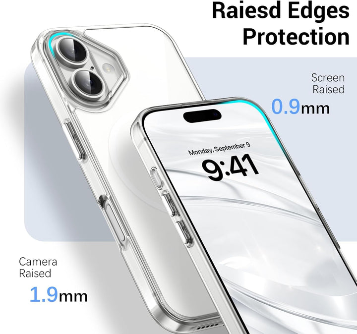 The MobileTechnica iPhone 16 Clear Case Ultra Thin on a phone shows raised edges (1.9mm camera, 0.9mm screen) for drop protection. MagSafe compatible. White background with "Raised Edges Protection." Display: 9:41, Monday, September 9.