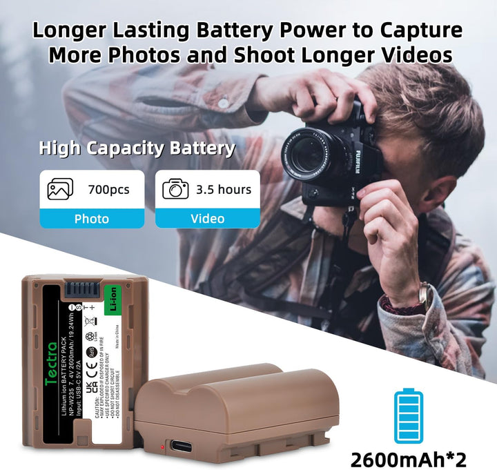 A man photographs outdoors as text spotlights MobileTechnica’s Tectra NP-W235 USB-C battery, offering 2.5H fast charging and up to 700 photos or 3.5 hours of video; two labeled 2600mAh batteries and a blue icon are shown on a sleek backdrop.