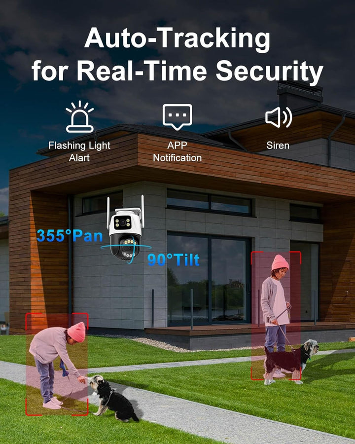 6MP WiFi Dual Lens Outdoor Security Camera Outdoor, Home Surveillance Camera, 2.4GHz Wireless, PTZ, 355°Pan, 90°Tilt, Human Detection & Auto Tracking, 2-Way Audio, IP66, Night Vision, 24/7 Recording