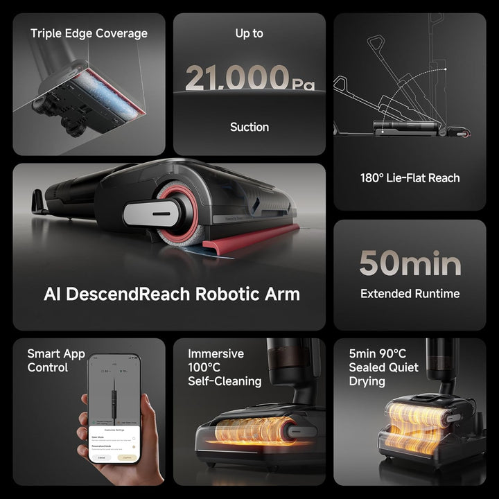 dreame H15 Cordless Wet Dry Vacuum Cleaner 21,000 Pa Suction, AI DescendReach Robotic Arm, Triple Edge,Tangle Cut Hair 180° Lie-Flat Reach, 100℃ Self-Cleanning,90℃ Quiet Drying 5min,Extended Runtime