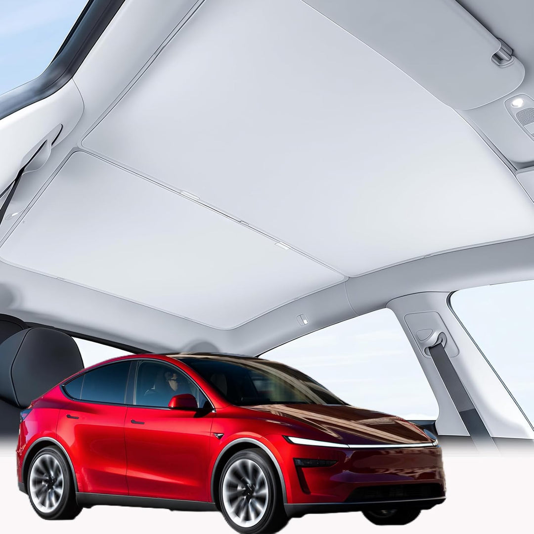 A Tesla Model Y with a panoramic glass roof is featured beneath the MobileTechnica Sunshade Roof Cover (2PCS, Black), designed for 2025–2026 Juniper models, highlighting interior spaciousness and modern style.