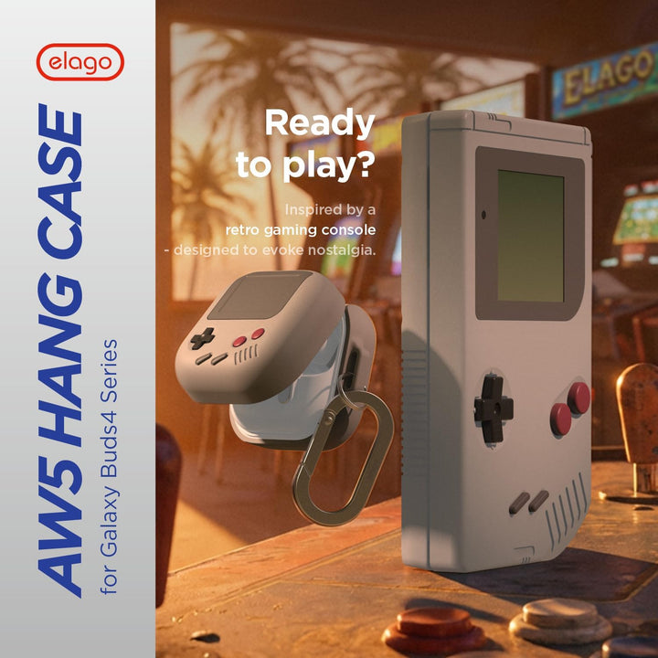 elago AW5 Case Compatible with Samsung Galaxy Buds 4 Pro & Galaxy Buds 4 Case, Classic Game Player Design Cover with Carabiner, Full Protection, Headphone Accessories, for Men, for Women (Light Grey)