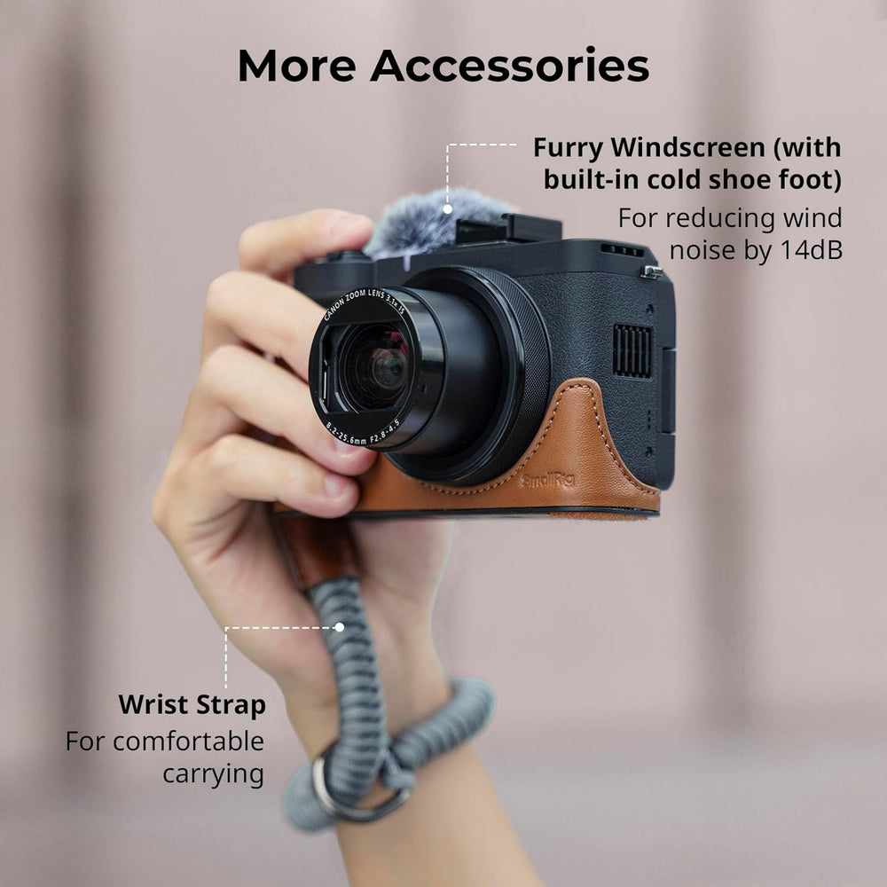 SmallRig Leather Case Kit for Canon PowerShot V1, Including Half Leather Case, Flip Case Cover, Wrist Strap & Furry Windscreen, Portable and Protecting (Brown) -5385