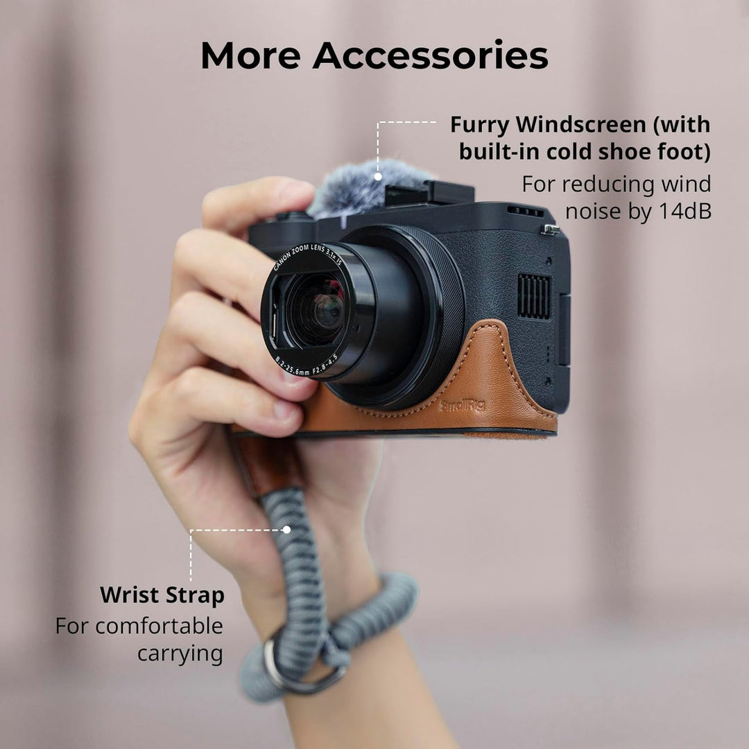 SmallRig Leather Case Kit for Canon PowerShot V1, Including Half Leather Case, Flip Case Cover, Wrist Strap & Furry Windscreen, Portable and Protecting (Brown) -5385